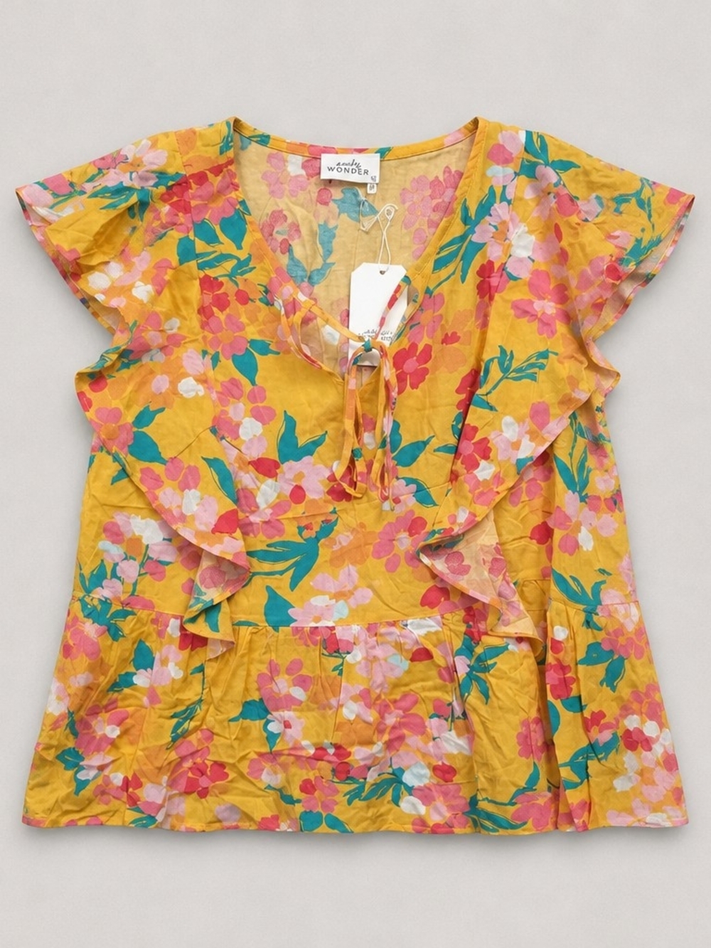 Emily Wonder Yellow Floral Ruffle Tie-Front Blouse Sz M NWT